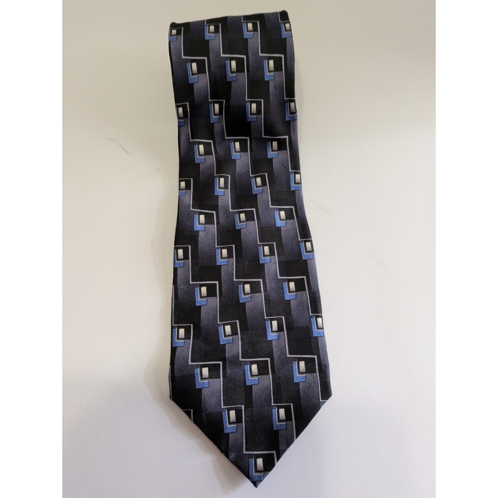FACETS MENS TIE Black White AND BLUE GEOMETRIC PATTERN 100% Silk Hand Sewn